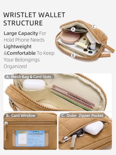 WESTBRONCO Wristlet Wallets for Women – RFID Blocking Quilted Nylon Phone Wallet, Card Holder Purse for Travel & Everyday Use - color: Suede Brown