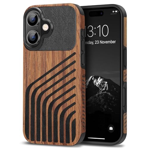 TENDLIN Compatible with iPhone 16 Phone Case Wood Grain with Carbon Fiber Texture Design Leather Hybrid Slim Case (Hairline) - color: Hairline, size: iPhone 16
