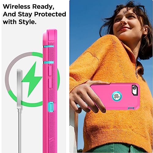 AICase for iPhone SE Case 3rd & 2nd Generation, for iPhone SE 2022/2020 Built-in Screen Protector Heavy Duty Protective Shockproof 3-Layer Full Body Rugged Phone Cover, Pink/Aqua Blue - color: Pink/aqua blue