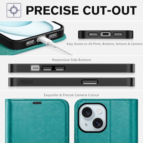 TUCCH Wallet Case for iPhone 15 (6.1") 2023, 4 Card Slots, Cyan | RFID Blocking, Viewing Stand, Shockproof TPU Shell, PU Leather, Magnetic Closure, Protective Folio Flip Cover - color: Cyan - Textured
