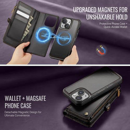 Defencase for iPhone 13 Phone Case Wallet Compatible with Magsafe, Black | Magnetic Detachable, Drop-Proof Protective Wallet Cases Cover, with RFID Bolcking Card Holder, Zipper Strap, Soft PU Leather - color: (Detachable with Magsafe)-Black