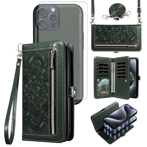 Asuwish Phone Case for iPhone 15 Pro 6.1 inch Zipper Wallet Detachable Cell Cover with Tempered Glass Screen Protector Wrist Strap Mandala Flower Card Holder i Phone15 i15 15Pro Women Men Dark Green - color: Dark Green