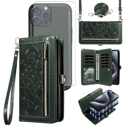 Asuwish Phone Case for iPhone 15 Pro 6.1 inch Zipper Wallet Detachable Cell Cover with Tempered Glass Screen Protector Wrist Strap Mandala Flower Card Holder i Phone15 i15 15Pro Women Men Dark Green - color: Dark Green
