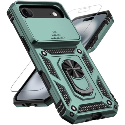 for iPhone Air Case, with Slide Camera Cover HD Screen Protector [Military Grade 16ft. Drop Tested] Ring Holder Kickstand Protective Phone Case for Apple iPhone Air 2025, Dark Green - color: Dark Green w/ Slide Camera 2nd gen. Military Grade