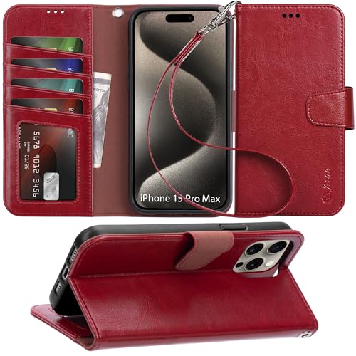 Arae Compatible with iPhone 15 Pro Max Case with Card Holder and Wrist Strap Wallet Flip Cover for iPhone 15 Pro Max 6.7 inch,Wine Red - color: Wine Red, size: iPhone 15 Pro Max 6.7 inch