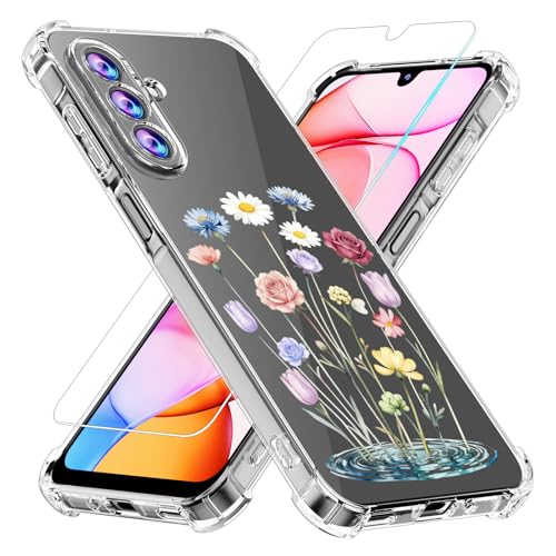 Phone Case for Samsung Galaxy A17 5G Case, Samsung A17 5G Case with Tempered Glass Screen Protector, Soft Flexible TPU Slim Fit Shockproof Phone Cover for Women Men Girl Boy (Clear-Flower) - color: Clear-Flower
