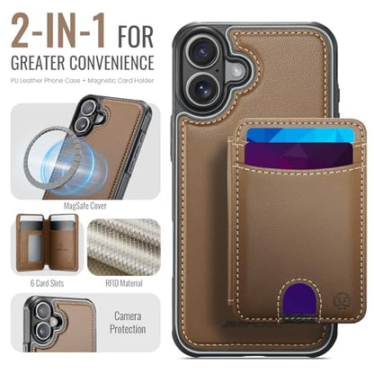 WJX for iPhone 16 MagSafe Wallet Case, 2-in-1 Detachable Luxury Card Holder, Universal MagSafe Compatible, RFID Blocking, Shockproof Kickstand Slim Cover， Brown - color: Brown, size: iPone 16