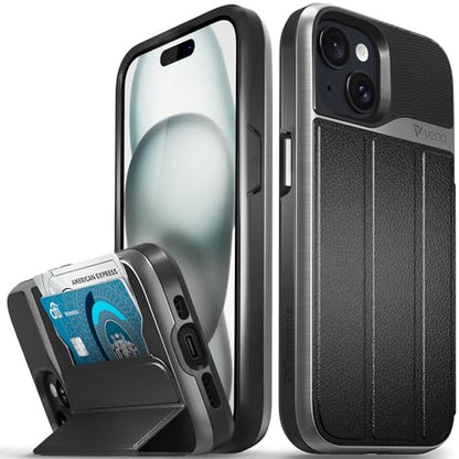 VENA vCommute for iPhone 15 Wallet Case, Black | Military-Grade Drop Protection, Premium Leather Magnetic Flap Cover, Hidden Card Holder, RFID Blocking, Multi-Angle Kickstand - color: Classic - Black, size: iPhone 15
