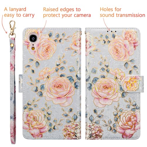 UEEBAI Wallet Case for iPhone XR, PU Leather Phone Case Kickstand RFID Blocking Flip Case with Card Slots Wrist Strap Relief Engraved Pattern Magnetic Closure Folio Case - Purple Rose - color: Purple Rose