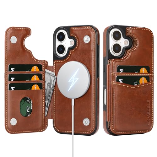 SkyEagle Compatible with MagSafe iPhone 17 Case Wallet,Brown | Magnetic Clasp,RFID Blocking,PU Leather,Flip Folio Shockproof Phone Cover,with Credit Card Slots & Kickstand for Men & Women - color: Brown, size: iPhone 17 - 6.3"