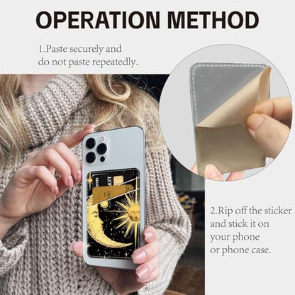 CREATCABIN Sun Phone Card Holder Leather Cell Phone Wallet Stick on Adhesive Credit Card Holder Slim Double Pocket Sticker for Back of Phone Case Compatible with Most Phones 3.7 x 2.5 Inch - style: Sun