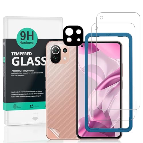 Ibywind Screen Protector For Xiaomi 11 Lite 5G NE/Mi 11 Lite 5G/4G,with 2Pcs Tempered Glass,1Pc Camera Lens Protector,1Pc Backing Carbon Fiber Film [Fingerprint Reader,Easy to install] - size: Xiaomi 11 Lite 6,55"