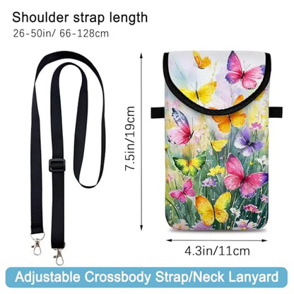 Neoprene Cell Phone Sleeve Pouch Case Bag with Crossbody Strap Neck Lanyard for Women 7.5 X 4.3 in Flower Butterfly - color: Flower Butterfly 1