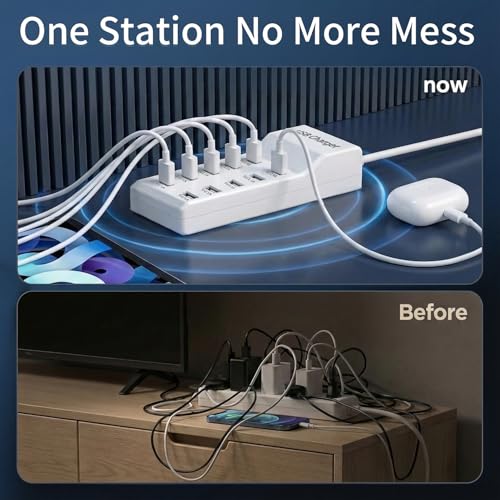 10-Port USB Charging Station, 50W 10A Desktop Charger with 5 A-to-C Cables