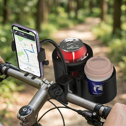 Universal 3-in-1 Stroller Cup Holder with 360° Rotatable Phone Mount, Detachable Dual Drink Holder for Bicycle, Motorcycle, Wheelchair, Walker, and Scooter, Fits Large Tumblers & Baby Bottles