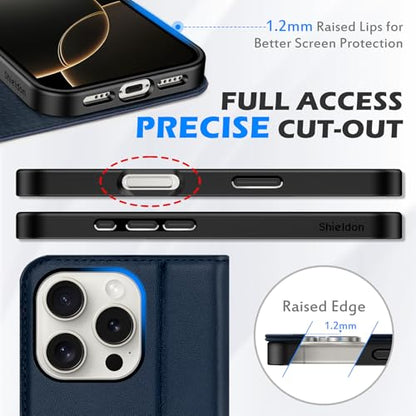 SHIELDON Genuine Leather Flip Case Wallet for iPhone 16 Pro 6.3", Navy Blue | Magnetic Closure, RFID Blocking, Credit Card Slot, Viewing Stand, Foldable Design, Shockproof TPU Phone Cover - color: Navy Blue