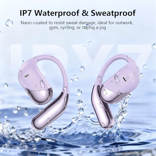 Open Ear Headphones,Over Ear Buds Clip Wireless Earbuds Bone Conduction Built-in Mic Earhook,Bluetooth 5.4 LED Display,60H Playtime Touch Control Design for Cycling,Running,Office,Ear Hooks - color: Violet