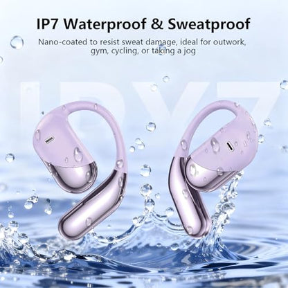 Open Ear Headphones,Over Ear Buds Clip Wireless Earbuds Bone Conduction Built-in Mic Earhook,Bluetooth 5.4 LED Display,60H Playtime Touch Control Design for Cycling,Running,Office,Ear Hooks - color: Violet