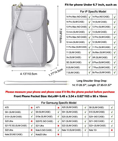 S-ZONE Small Crossbody Bags for Women Phone Purse RFID Blocking Wallet | Card Slots, Vegan Leather, Anti-theft, Multi Pockets, Detachable Adjustable Strap, Travel Eveyday Outing - color: Light Gray