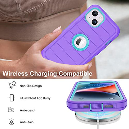 for iPhone 14 Case with 2 Screen Protector,Full Body Shockproof Drop Protection Dust Proof Heavy Duty 3 Layer Rugged Durable Military Grade Cover for Apple iPhone 14 6.1" (Purple/light green) - color: Purple/light green II