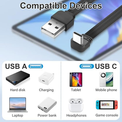 Right-Angle USB-C to USB-A Flat Cable,PD 65W USB-C Cable for Fast Charging Flat 90-Degree Type-C to A Short CableCompatible with Phone 15/16,Galaxy S21/S22/S23,Power Bank,etc.-0.5M/1.6Ft