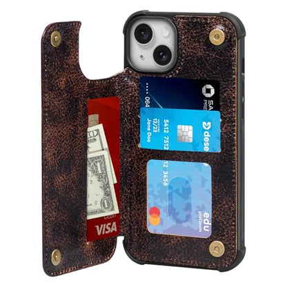 Wallet Real Leather Case Compatible with iPhone 15 6.1" | Genuine Leather,Shockproof, Anti-Fall Case,Flip Cover,with Card Slot,Double Magnetic Buckle,Kickstand,RFID Blocking Coffe - color: Brown Coffee, size: 6.1"-15