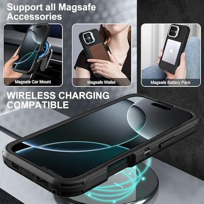 YKHJKLEC for iPhone 16 Pro Case, Military Grade 3 in 1 Heavy Duty Shockproof/Drop Proof/Dust Proof with Kickstand Case, with 2 x Tempered Glass Screen Protector & 1 x Wrist Strap (ZJ-Black/Black) - color: ZJ-Black/Black