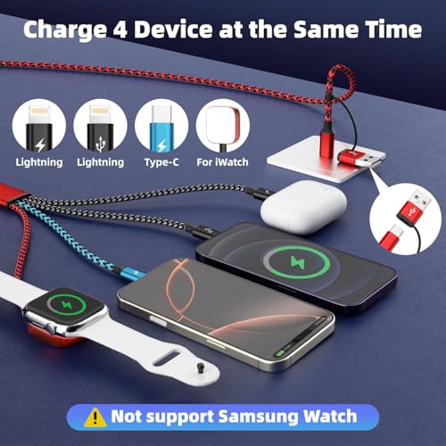 Travel Essentials Dual IP 4in2 Multi Charging Cable for iWatch Charger, 5FT - color: Red&Black&Light Blue, size: AC to 2C+L+iWatch