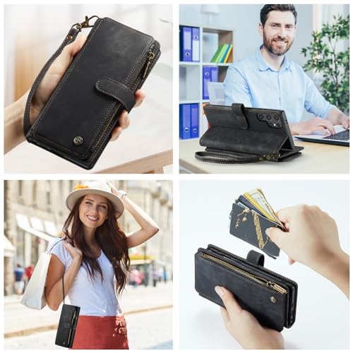 Samsung Galaxy S24 Ultra 5G Wallet Case with Card Holder Kickstand Magnetic Zipper Pocket Lanyard Strap Wristlet,Leather Flip Case Wallet for Samsung Galaxy S24 Ultra 5G 6.8 Inch(Black) - color: Black, size: S24 Ultra 6.8 Inch