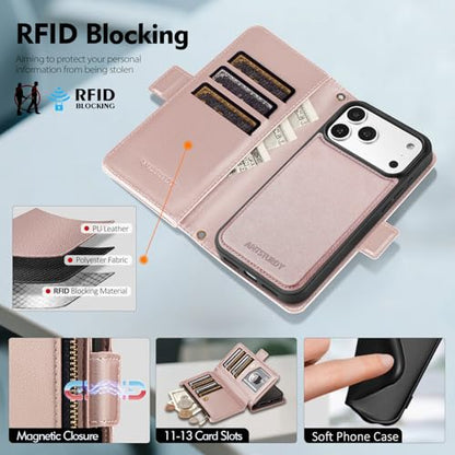 Antsturdy Compatible with MagSafe iPhone 17 Pro Wallet Case,Rose Gold | Detachable Magnetic Credit Card Holder,RFID Blocking,PU Leather Zipper Purse,Wrist Strap Kickstand,Flip Phone Cover for Women - color: (Detachable with Magsafe)-Rose Gold
