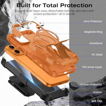 Caka 4-in-1 for iPhone 17 Pro Max Case with Belt Clip Holster and Stand | HD Glass Screen & Camera Lens Protector, Compatible with MagSafe, Hidden Kickstand, Rugged Heavy Duty Shockproof Phone Cover - color: Orange