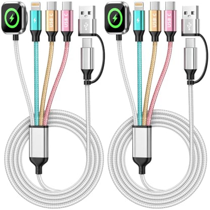 Travel Essentials 4 in 2 Multi Charging Cable for iWatch Charger 2Pack,5FT - color: Light White&Green&Golden&Pink, size: AC to 2C+L+iWatch