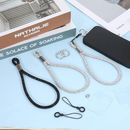 3 Pcs Bling Rhinestone Phone Wrist Strap Full Diamond Pendant Wrist Strap Bling Keychain Wristlet Lanyard for Women Phone Charms Case Straps with Tether Tab and Pad (Silver, Black, AB Color 7.48 In)