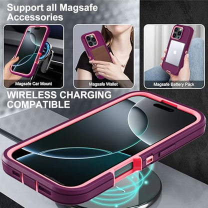 YKHJKLEC for iPhone 16 Pro Case, Compatible with Magsafe, Military Grade 3 in 1 Heavy Duty Shockproof/Drop Proof/Dust Proof Case with 2Pcs Tempered Glass Screen Protector (New-Purple/Pink) - color: New-Purple/Pink