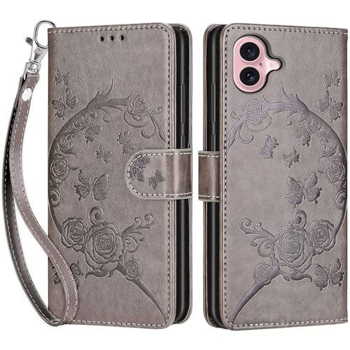 Wallet Case for iPhone 16, Gray Flower | Women Flip Folio Cover, Embossed PU Leather, Stand, Credit Card Holders Slots, Wrist Strap - color: 6