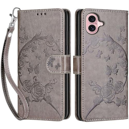 Wallet Case for iPhone 16, Gray Flower | Women Flip Folio Cover, Embossed PU Leather, Stand, Credit Card Holders Slots, Wrist Strap - color: 6