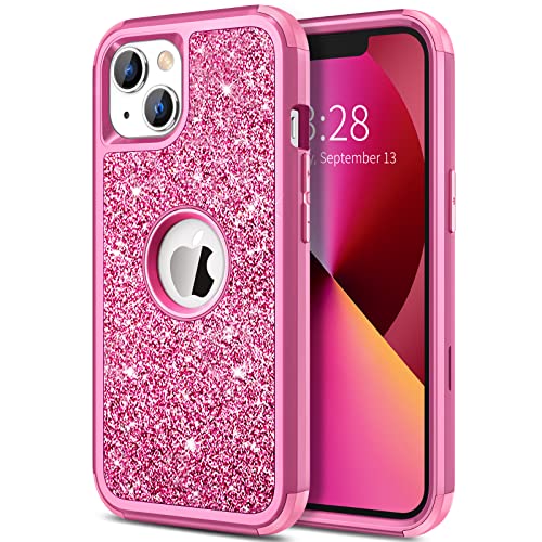 Hython Case for iPhone 13 Case Glitter, Cute Sparkly Shiny Bling Sparkle Cover, Heavy Duty 3 in 1 Hybrid Hard PC Soft TPU Bumper Full Body Shockproof Protective Phone Cases for Women Girls, Rose Red - color: Rose Red
