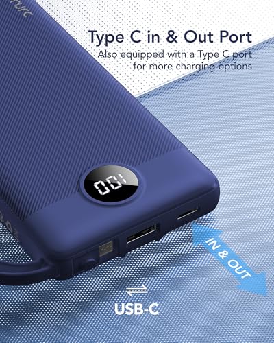 VRURC Portable Charger, Built in 4 Cables & Lanyard Power Bank 10000mAh - color: Navy