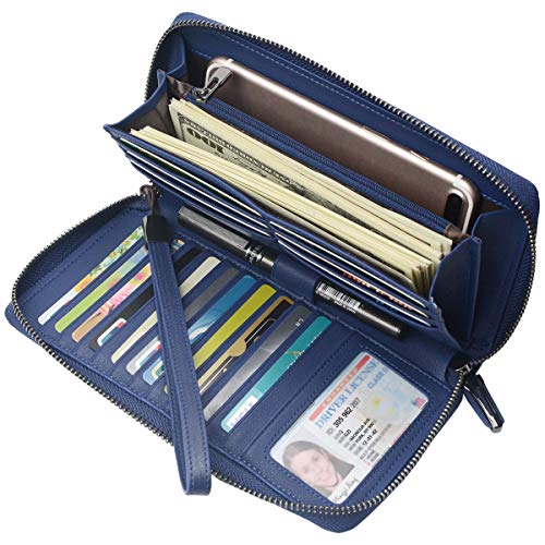 Bveyzi Women RFID Blocking Wallet Leather Zip Around Phone Clutch Large Capacity Ladies Travel Purse Wristlet - color: Navy Blue