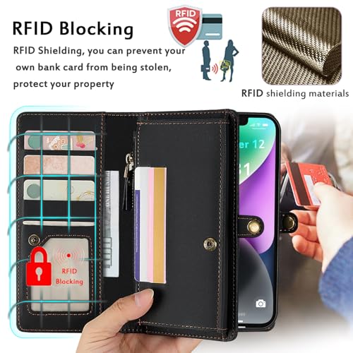 for Wallet Case Compatible with iPhone 15,Multi-Function Detachable 2 in 1 Magnetic iPhone 15 Wallet,Flip Strap Zipper Card Holder Phone Case with Shoulder Straps (Black) - color: Black, size: iPhone 15