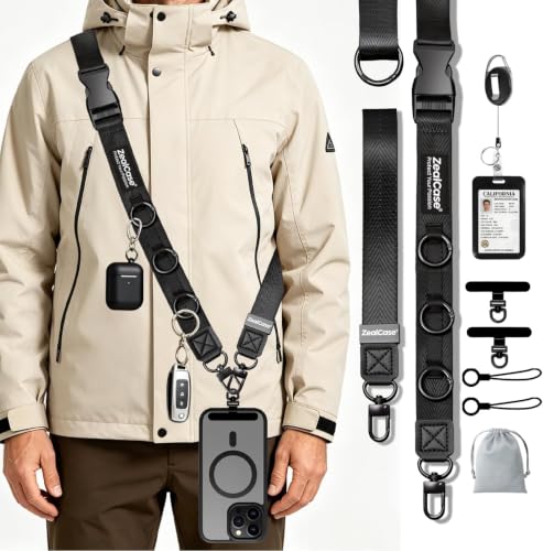 Cell Phone Lanyard Crossbody Built 3 Hooks & Anti-Slip Wrist Strap - color: Black, size: Large: Width 0.98''/Length 36.61'' – 67''