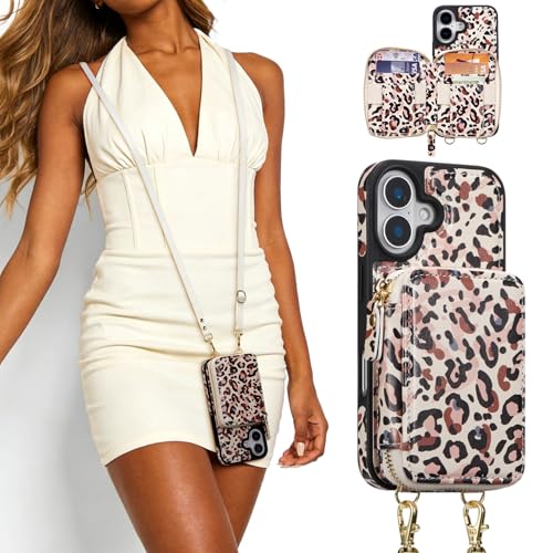 ZCDAYE Zipper Crossbody Wallet Case for iPhone 16 Plus, Leopard Print | Flip Folio PU Leather, Practical Card Holder, Adjustable Lanyard Strap, RFID Blocking, Retro Leopard Girly Phone Case - color: Leopard print, size: iPhone 16 Plus