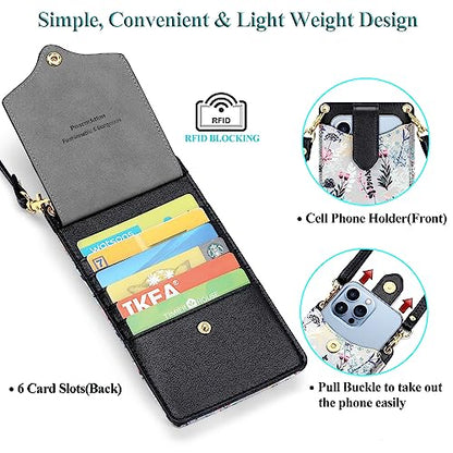 Peacocktion Small Crossbody Cell Phone Purse for Women, Lightweight Mini Small Crossbody Bags for Women with Card Slots - color: 17-black Floral