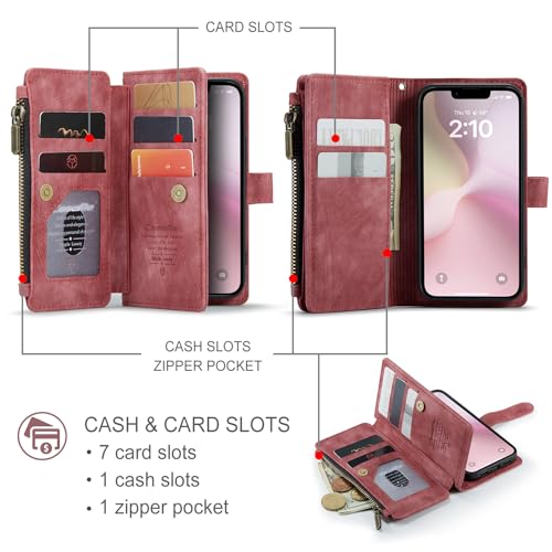 Compatible with iPhone 16e/17e Wallet Case,with Card Holder Kickstand Magnetic Zipper Pocket Lanyard Strap Wristlet,Leather Flip Case Wallet for iPhone 16e/17e 6.1 Inch(Red) - color: Red, size: iPhone 16E/17E 6.1 Inch