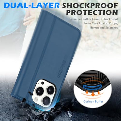 SHIELDON Genuine Leather Magnetic Case Wallet for iPhone 16 Pro, Royal Blue | Flip Magnetic Closure, RFID Blocking 3 Card Holder, Kickstand, Full Protection, Shock Absorbing Protective Cover - color: Royal Blue