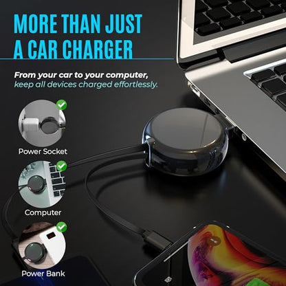 2-in-1 Retractable Charger for Car iPhone and Android, Wall Outlet or PC | Modern Car Charger Retractable Cord | 15W Fast Charging | Does not Work with CarPlay