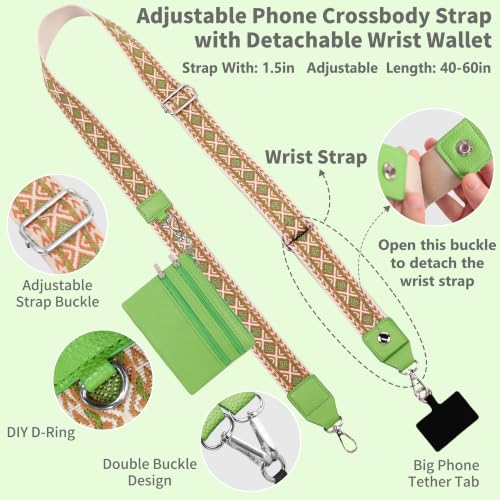 2pcs Clip and Go Strap for Phone with Wallet Crossbody Strap with Pouch - color: Green+black