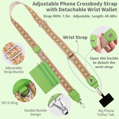 2pcs Clip and Go Strap for Phone with Wallet Crossbody Strap with Pouch - color: Green+black