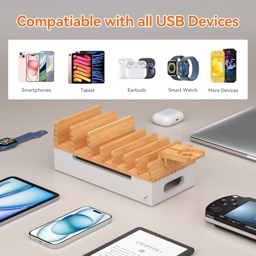 Bamboo Charging Station with 5 Port Charger HUB & 5 Cables-Natural + White - color: Natural + White