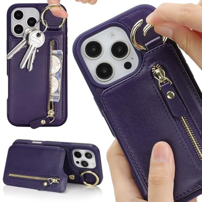 Ｈａｖａｙａ for iPhone 16 case Wallet with Card Holder for Women Men Shockproof Phone case with Keychain Ring Stand Leather Zipper Credit Card Slots-Deep Purple - color: Purple-Ring